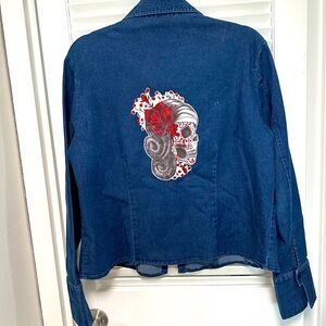 Denim Jean Jacket with Skull Rhinestone Crystal Design Handmade size XL